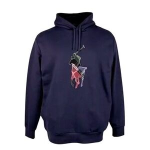 Polo Ralph Lauren Mens XLT Navy Blue Hoodie Plaid Large Pony Logo NWT